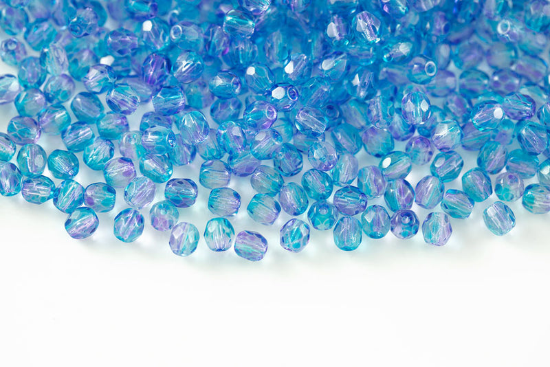 Czech Fire Polished 4mm Crystal Purple Blue Finish Round Beads