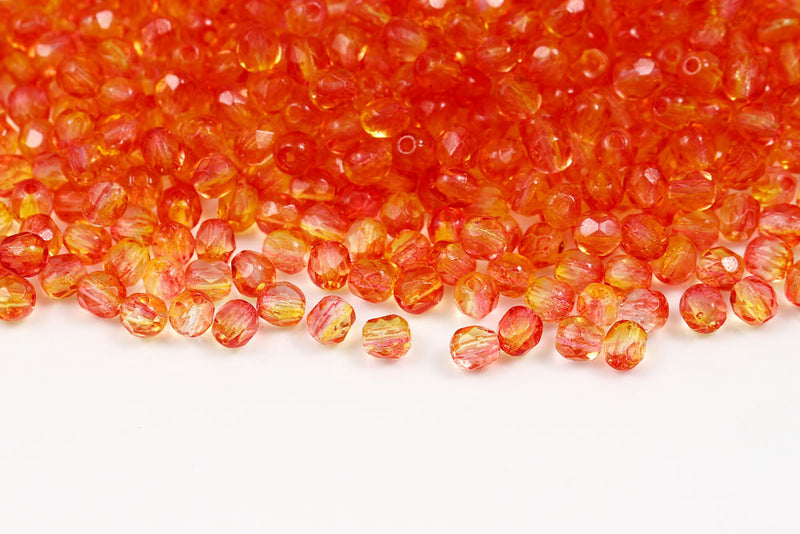 Czech Fire Polished 4mm Crystal Yellow Pink Finish Round Beads
