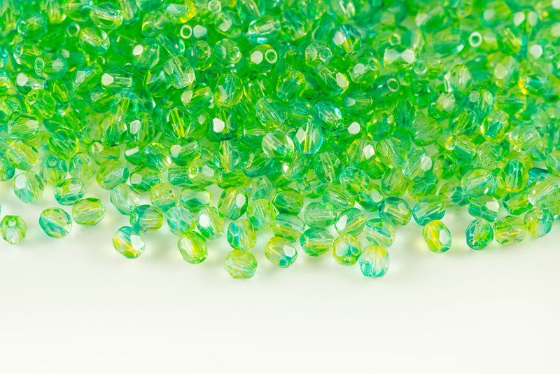 Czech Fire Polished 4mm Crystal Green Gradient Finish Round Beads