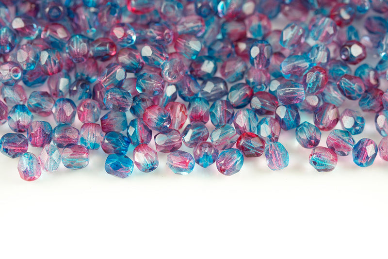Czech Fire Polished 4mm Crystal Blue Rose Finish Round Beads