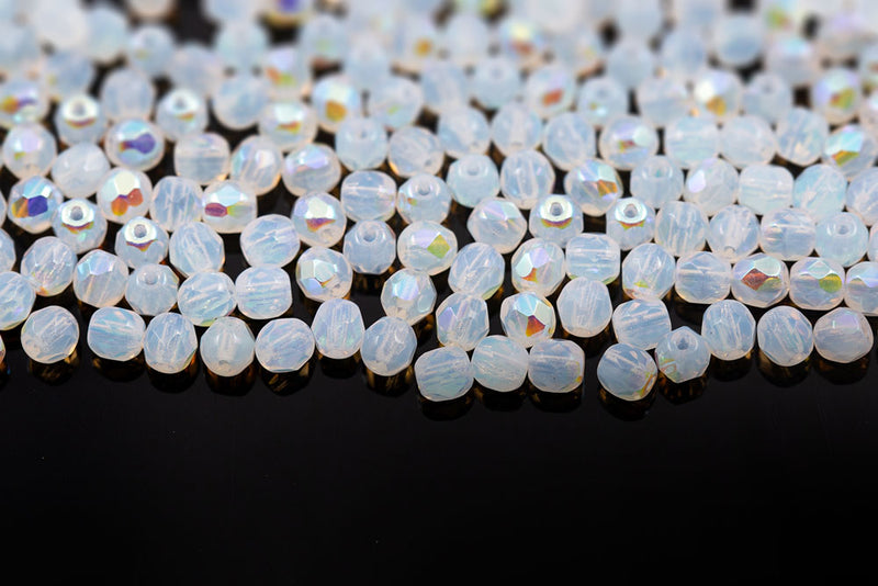 Czech Fire Polished 6mm Opal White AB Round Beads