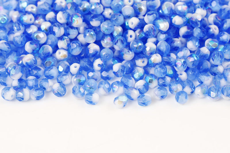Czech Fire Polished 4mm Chalk&Sapphire AB Round Beads