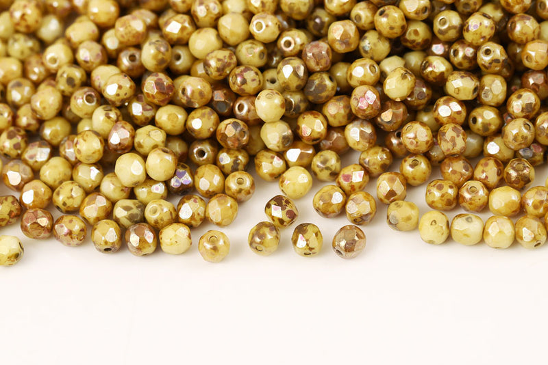 Czech Fire Polished 4mm Chalk Picasso Round Beads
