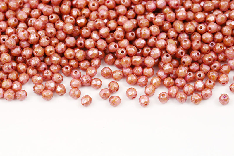 Czech Fire Polished 4mm Chalk Pink Marble Finish Round Beads