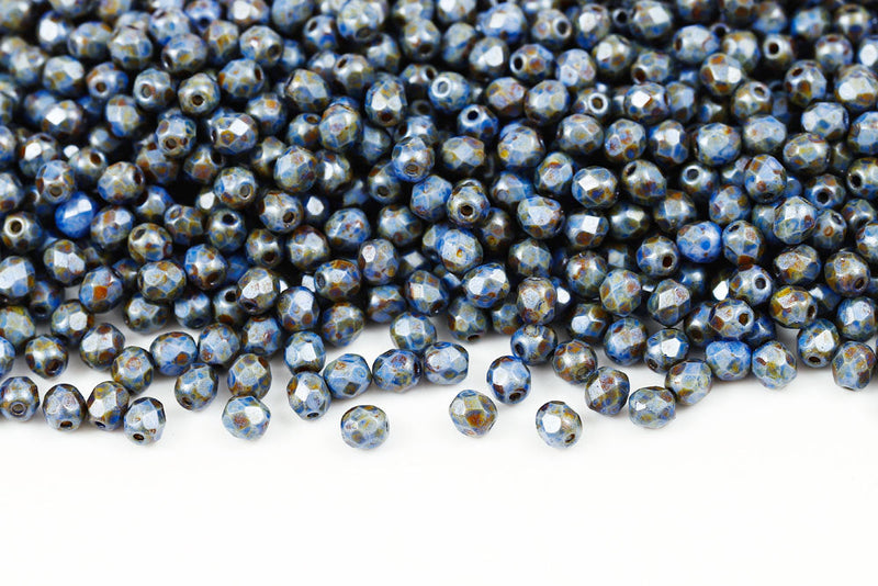 Czech Fire Polished 4mm Chalk Blue Marble Finish Round Beads