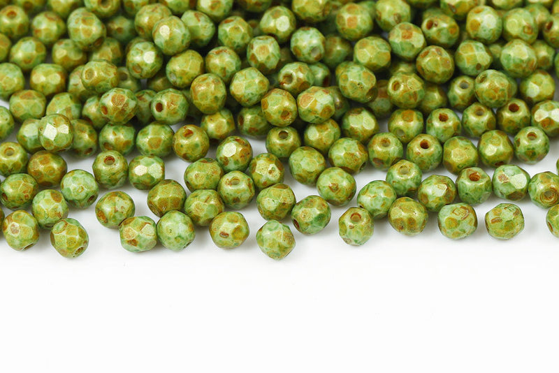 Czech Fire Polished 4mm Chalk Green Marble Finish Round Beads