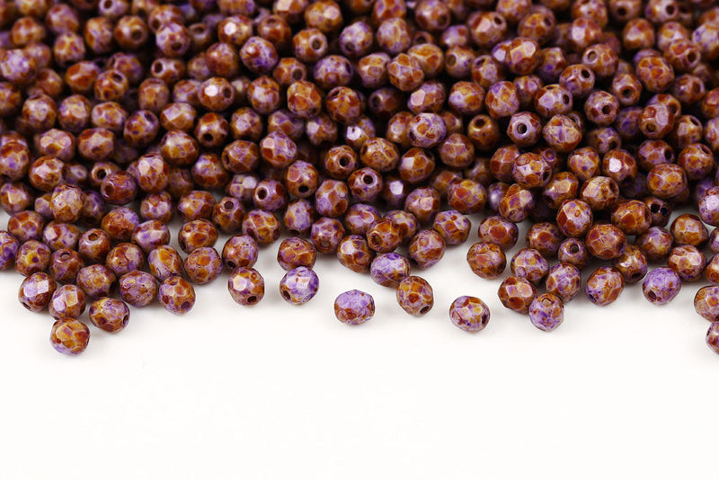 Czech Fire Polished 4mm Chalk Purple Marble Finish Round Beads