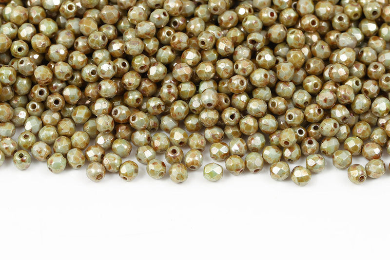 Czech Fire Polished 4mm Chalk Green Glaze Round Beads