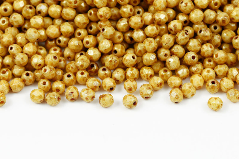 Czech Fire Polished 4mm Chalk Travertin Gold Finish Round Beads