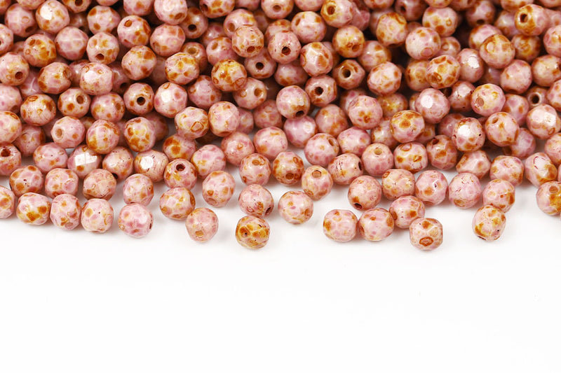 Czech Fire Polished 4mm Chalk Travertin Fuchsia Finish Round Beads