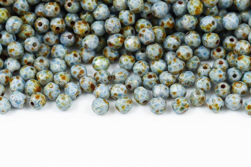 Czech Fire Polished 4mm Chalk Travertin Sapphire Finish Round Beads