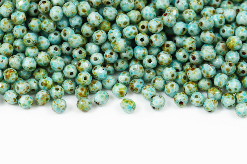Czech Fire Polished 4mm Chalk Travertin Aqua Finish Round Beads