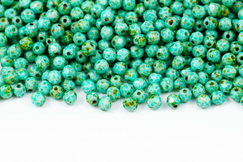 Czech Fire Polished 4mm Chalk Travertin Sky Blue Finish Round Beads
