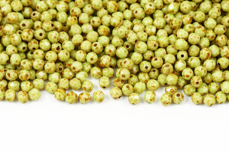 Czech Fire Polished 4mm Chalk Travertin Moss Green Finish Round Beads