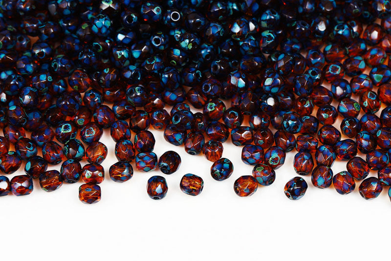 Czech Fire Polished 4mm Topaz Travertin Round Beads