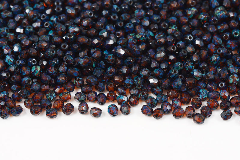 Czech Fire Polished 4mm Dark Topaz Travertin Round Beads