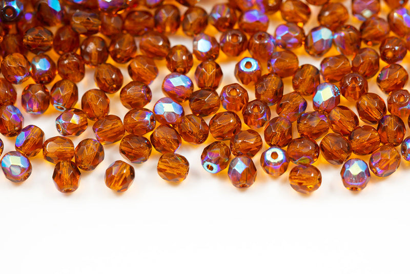 Czech Fire Polished 4mm Dark Topaz AB Round Beads