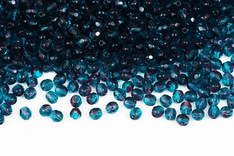 Czech Fire Polished 4mm Amethyst&Blue Zircon Round Beads