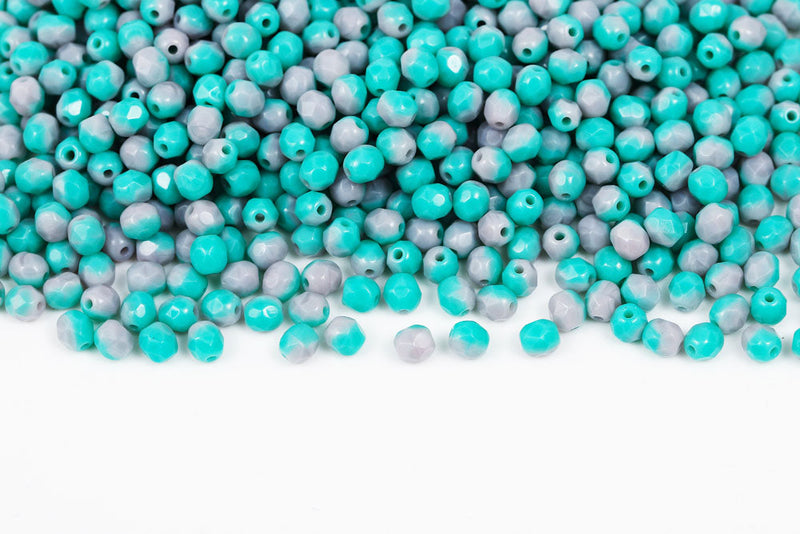 Czech Fire Polished 4mm Opaque Amethyst&Turquoise Green Round Beads
