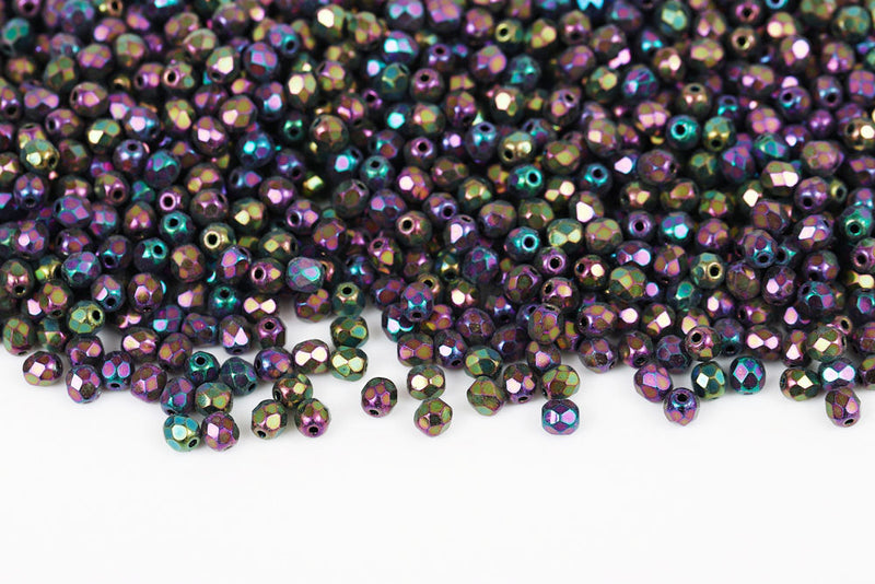 Czech Fire Polished 4mm Jet Red Iris Round Beads