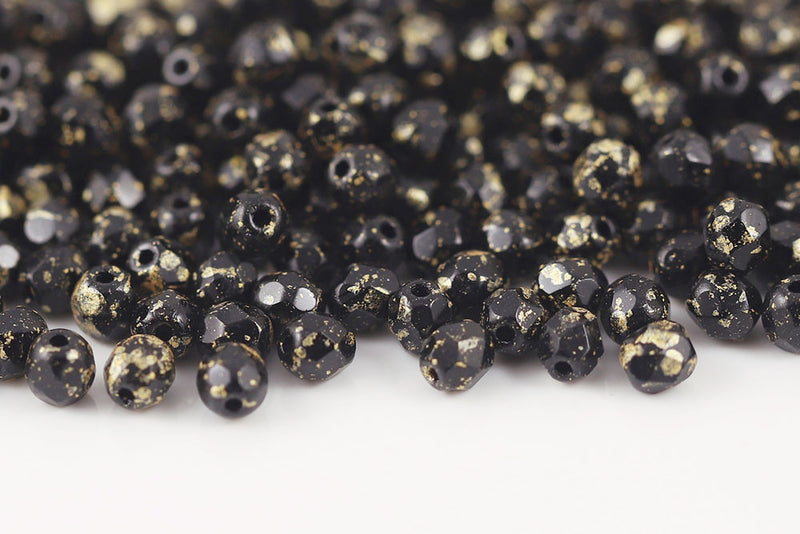 Czech Fire Polished 4mm Gold Splash Jet Round Beads