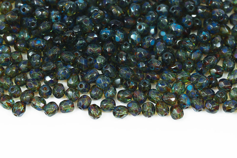 Czech Fire Polished 4mm Sapphire Travertin Round Beads