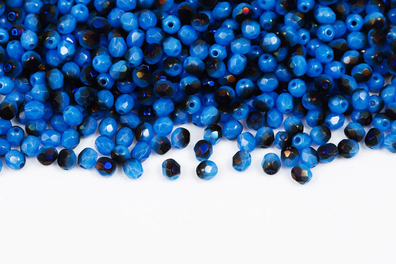 Czech Fire Polished 4mm Opal Drak Blue Azuro Round Beads