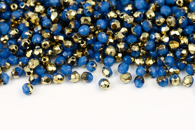 Czech Fire Polished 4mm Opal Drak Blue Amber Round Beads