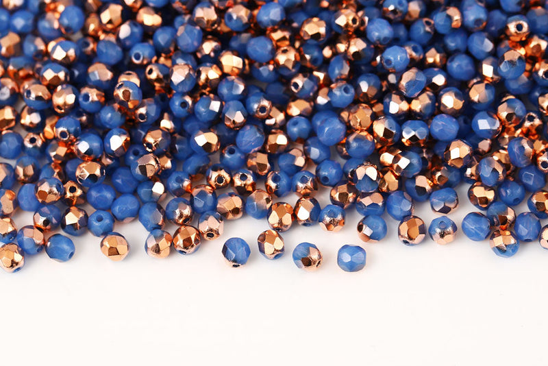 Czech Fire Polished 4mm Opal Drak Blue Capri Gold Round Beads