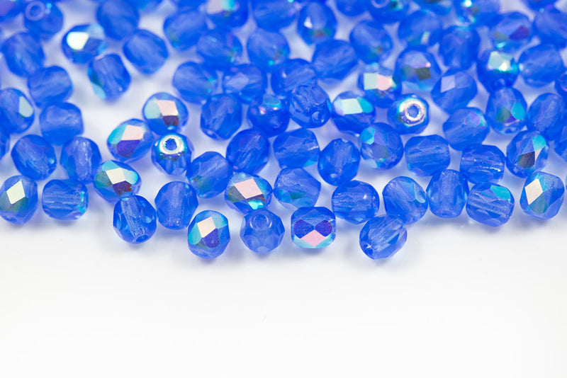 Czech Fire Polished 4mm Montana AB Round Beads