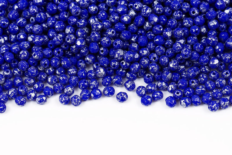 Czech Fire Polished 4mm Silver Splash Opaque Medium Blue Round Beads