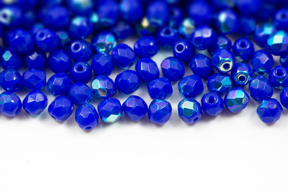 Czech Fire Polished 4mm Opaque Medium Blue AB Round Beads