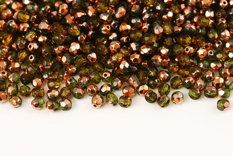 Czech Fire Polished 4mm Olivine Capri Gold Round Beads