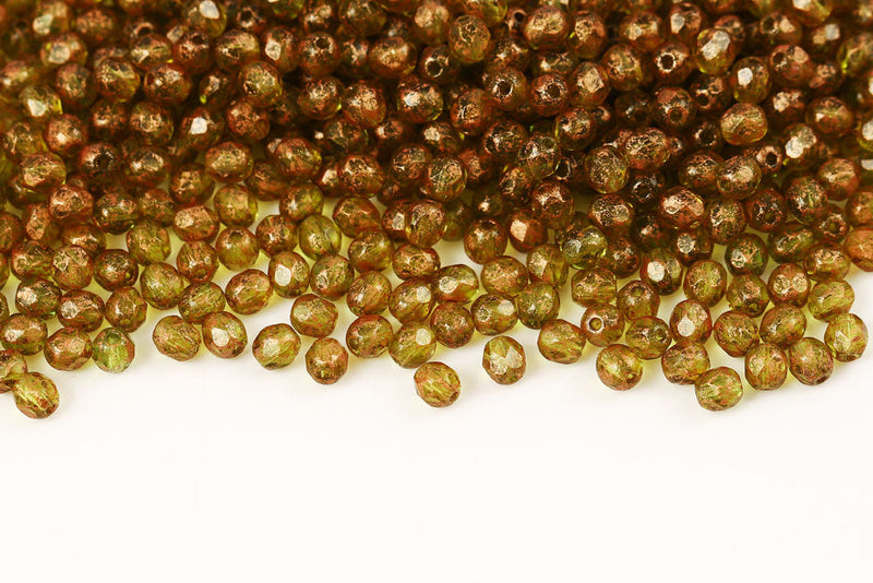 Czech Fire Polished 4mm Copper Splash Olivine Round Beads
