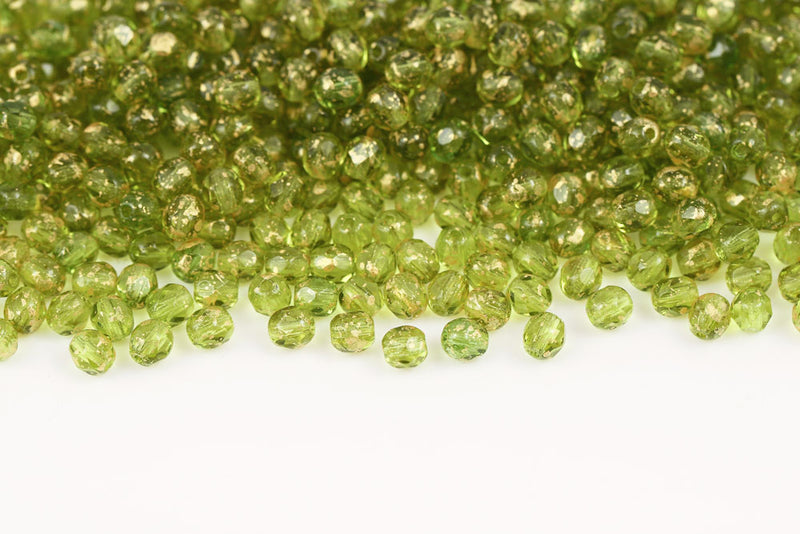 Czech Fire Polished 4mm Gold Splash Olivine Round Beads