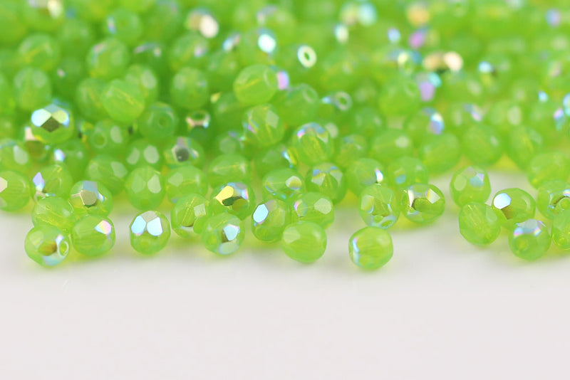 Czech Fire Polished 4mm Opal Green AB Round Beads