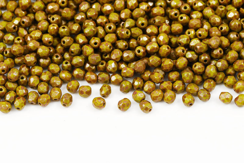 Czech Fire Polished 4mm Opaque Olivine Copper Speckle Finish Round Beads