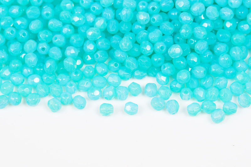 Czech Fire Polished 4mm Opal Aqua&Blue Green Round Beads