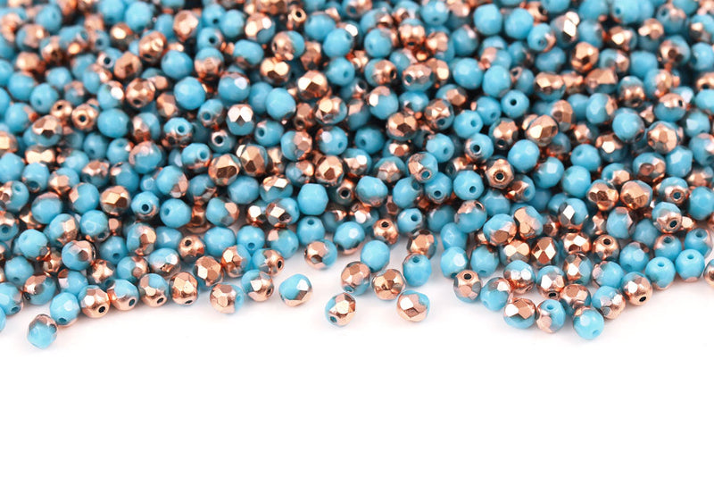 Czech Fire Polished 4mm Turquoise Blue Capri Gold Round Beads