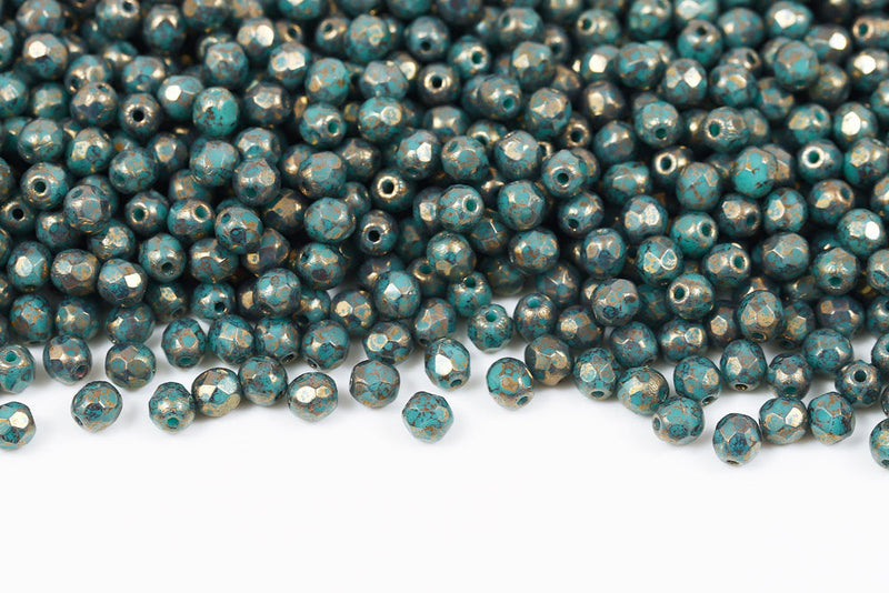 Czech Fire Polished 4mm Turquoise Green With Gold Marble Finish Round Beads