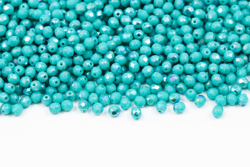 Czech Fire Polished 4mm Turquoise Green AB Round Beads