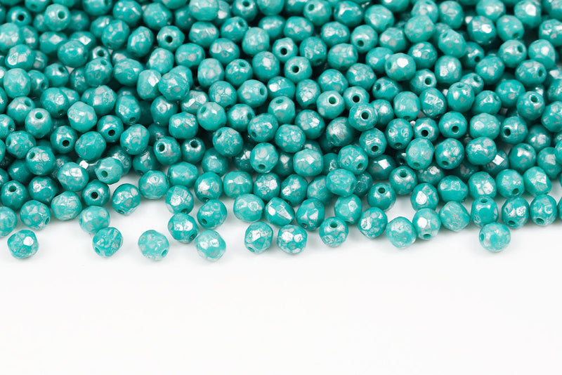 Czech Fire Polished 4mm Turquoise Green Silver Speckle Finish Round Beads