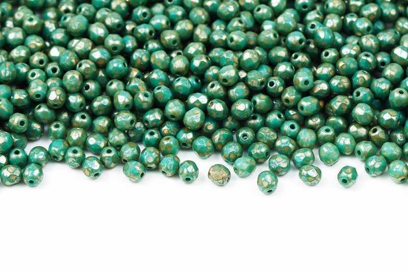 Czech Fire Polished 4mm Turquoise Green Bronze Speckle Finish Round Beads