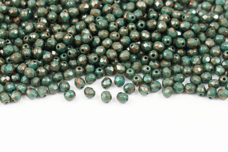 Czech Fire Polished 4mm Turquoise Green Copper Speckle Finish Round Beads