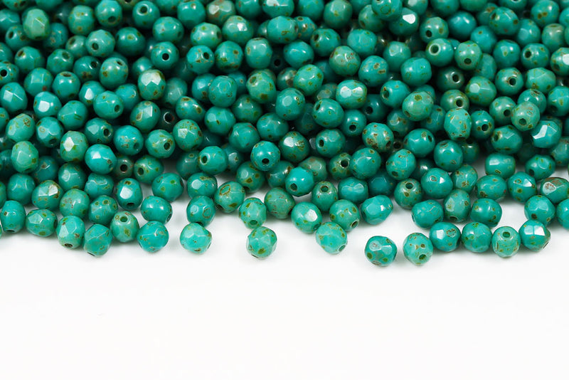 Czech Fire Polished 4mm Dark Turquoise Green Travertin Round Beads