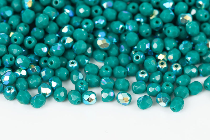 Czech Fire Polished 4mm Dark Turquoise Green AB Round Beads