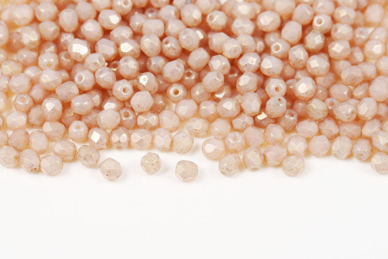 Czech Fire Polished 4mm Gold Splash Opal Lt.Peach Round Beads