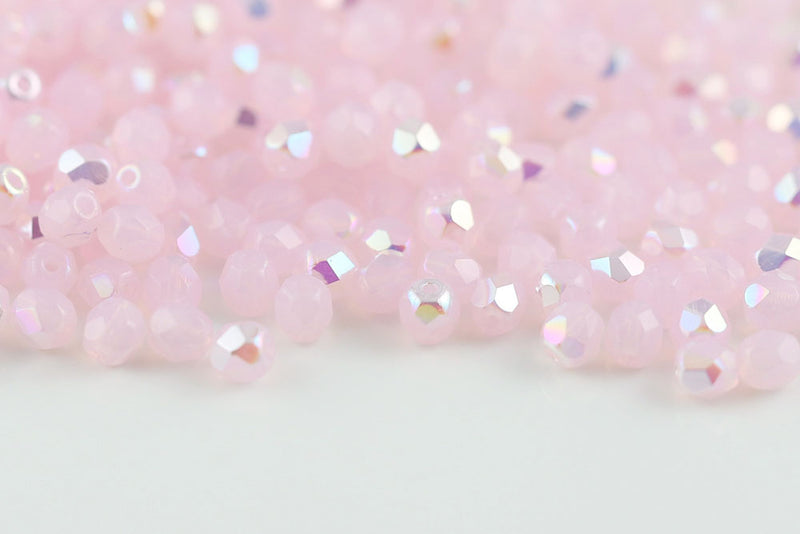 Czech Fire Polished 4mm Opal Lt.Pink AB Round Beads