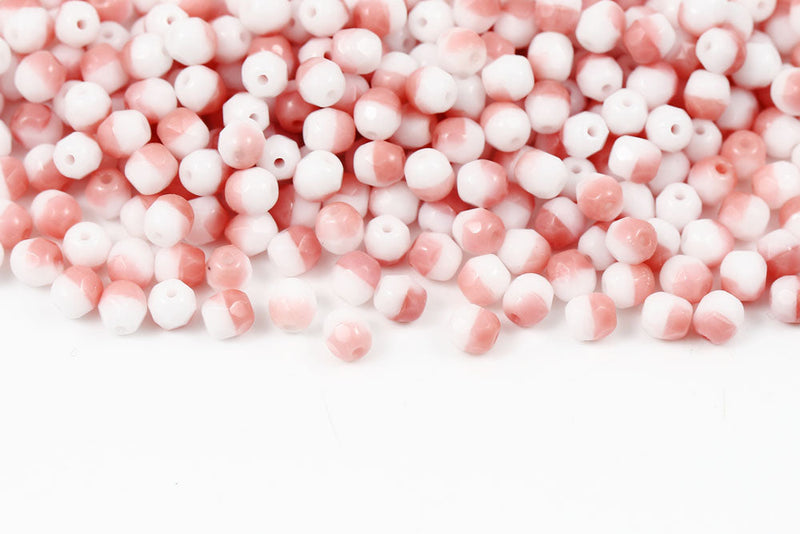 Czech Fire Polished 4mm Opaque Drak Pink&Chalk Round Beads