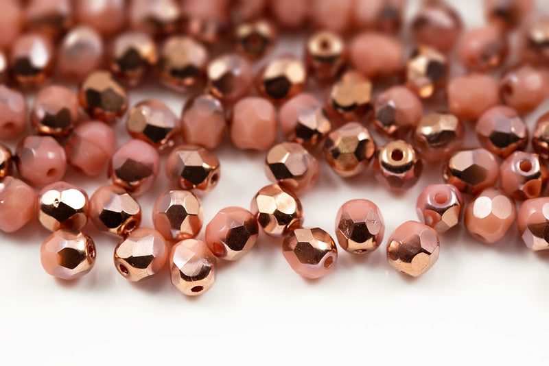 Czech Fire Polished 4mm Opaque Drak Pink Capri Gold Round Beads